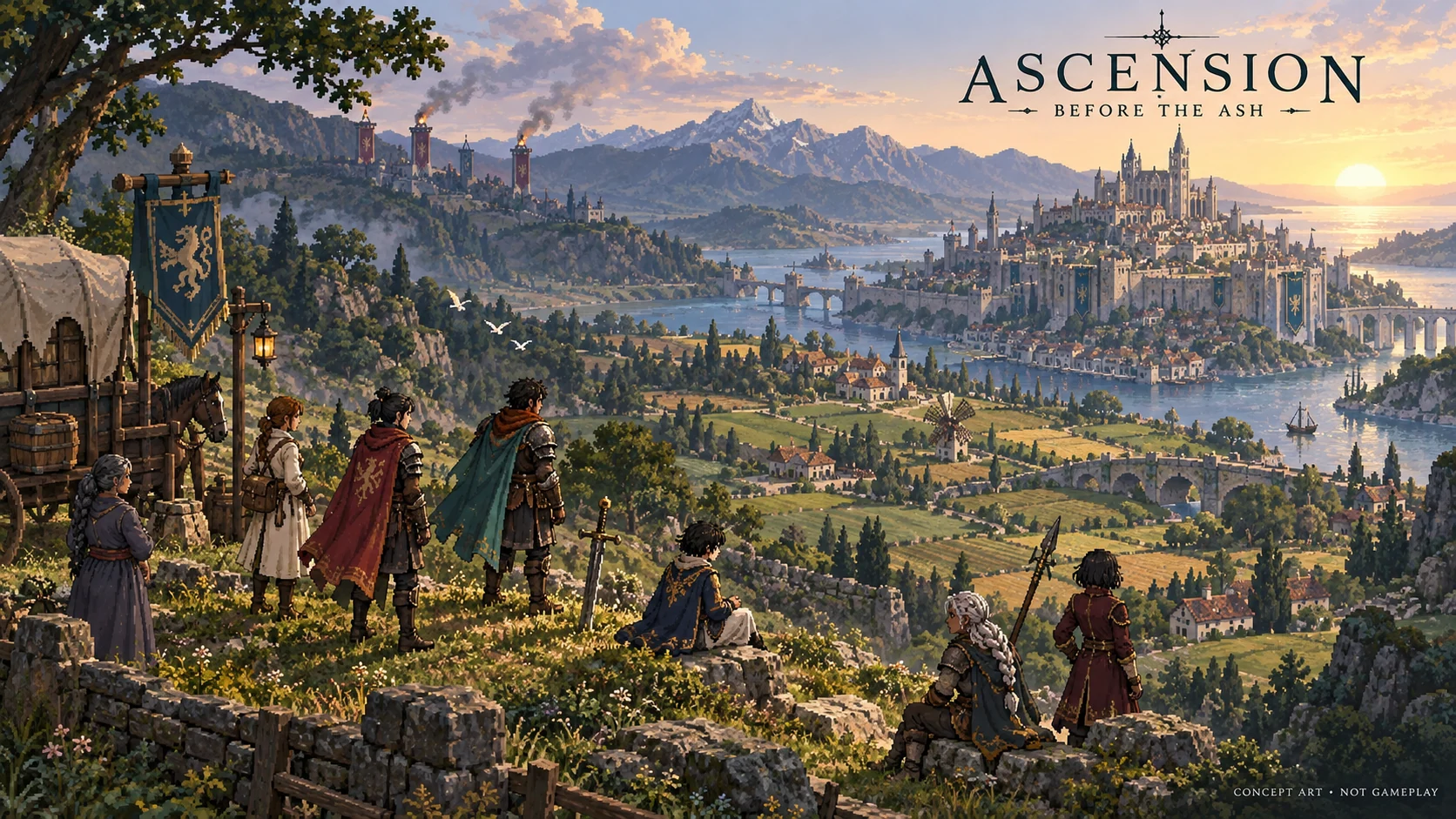 Pyrrhus and his company overlooking the farms, rivers and cities of Menelea at dawn