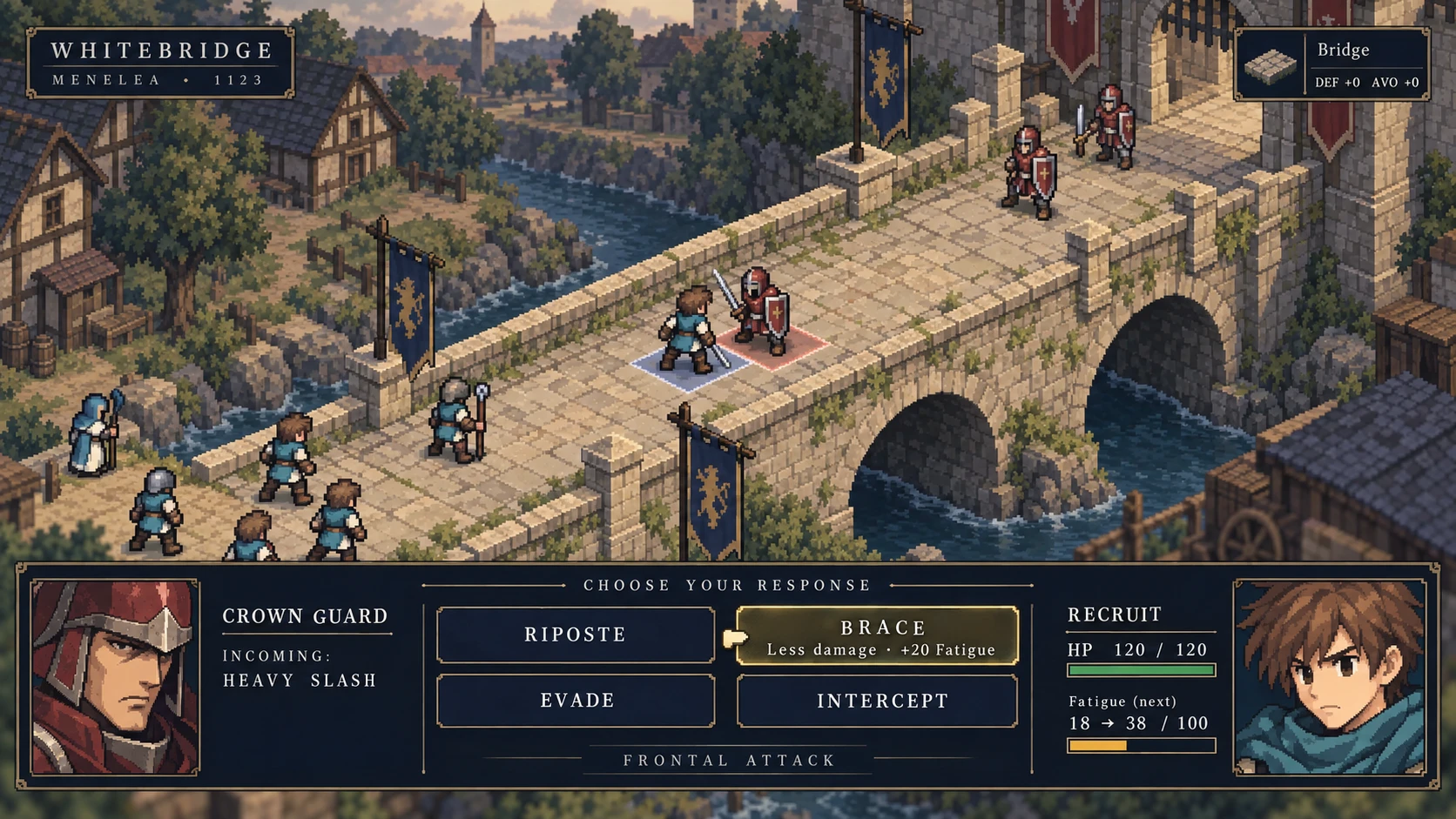 Ascension defensive-reaction mockup with Riposte, Brace, Evade and Intercept choices and a fatigue forecast.
