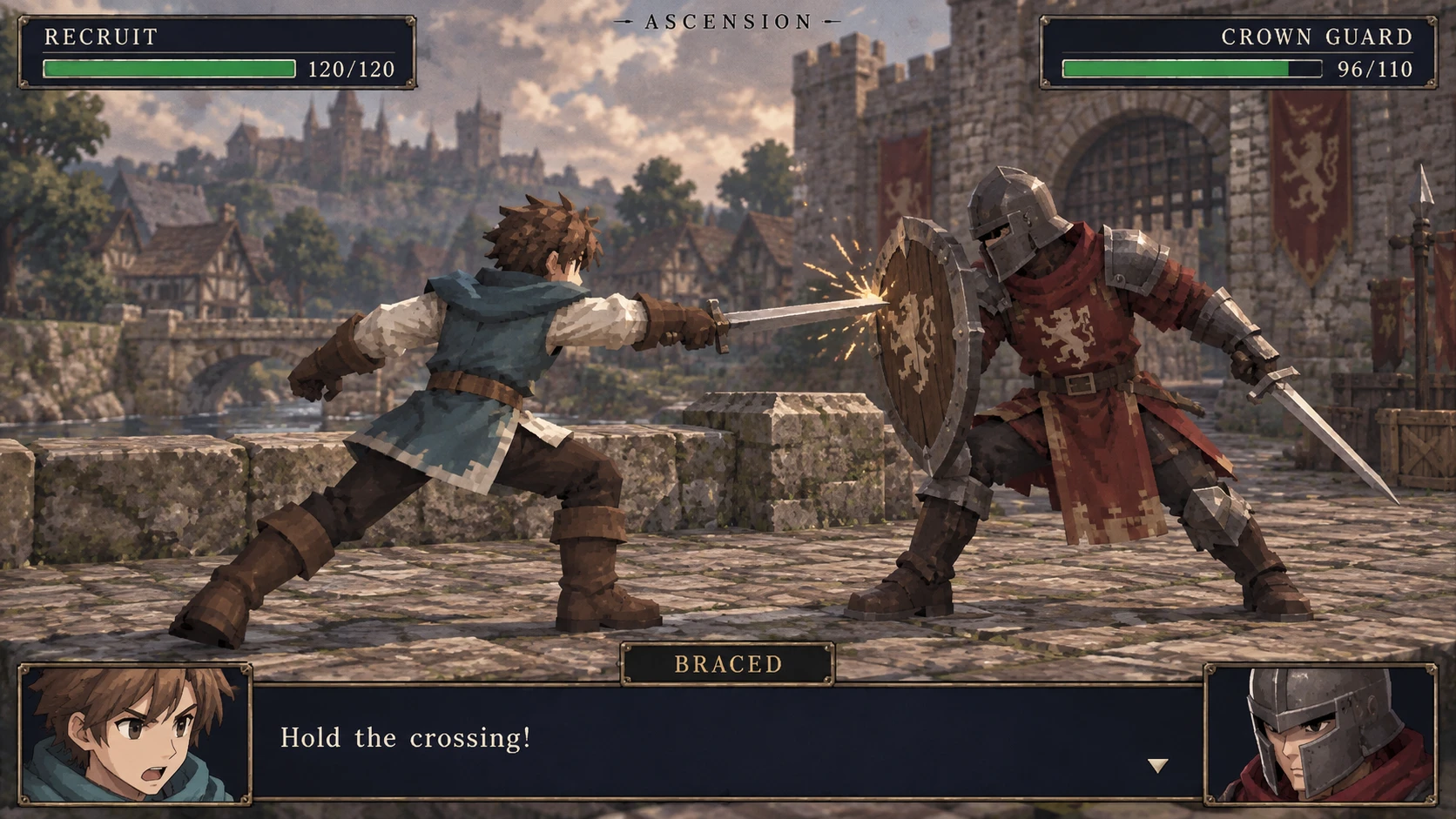 Ascension close-up battle concept: a teal swordsman strikes a crown guard's shield on a bridge, rendered as stylized low-poly human fighters with portraits and health bars.