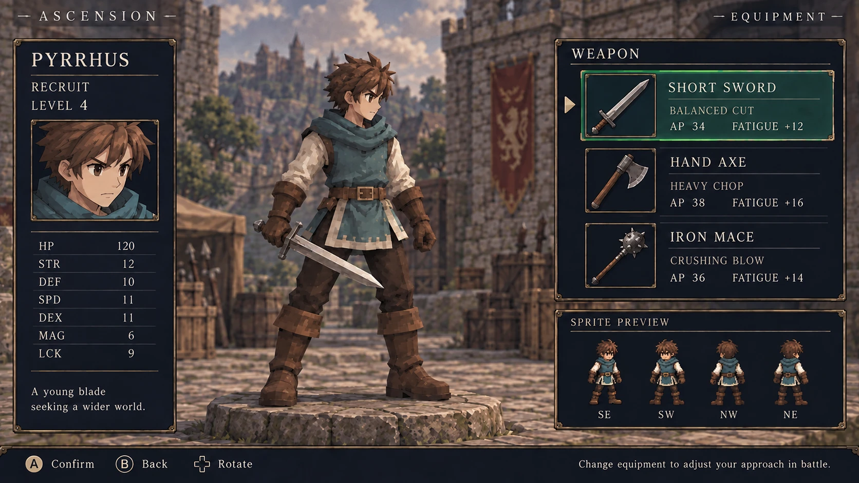 Ascension equipment-screen concept showing Pyrrhus as a teal low-poly fighter with a swappable short sword, axe and mace menu and four map-sprite facings.