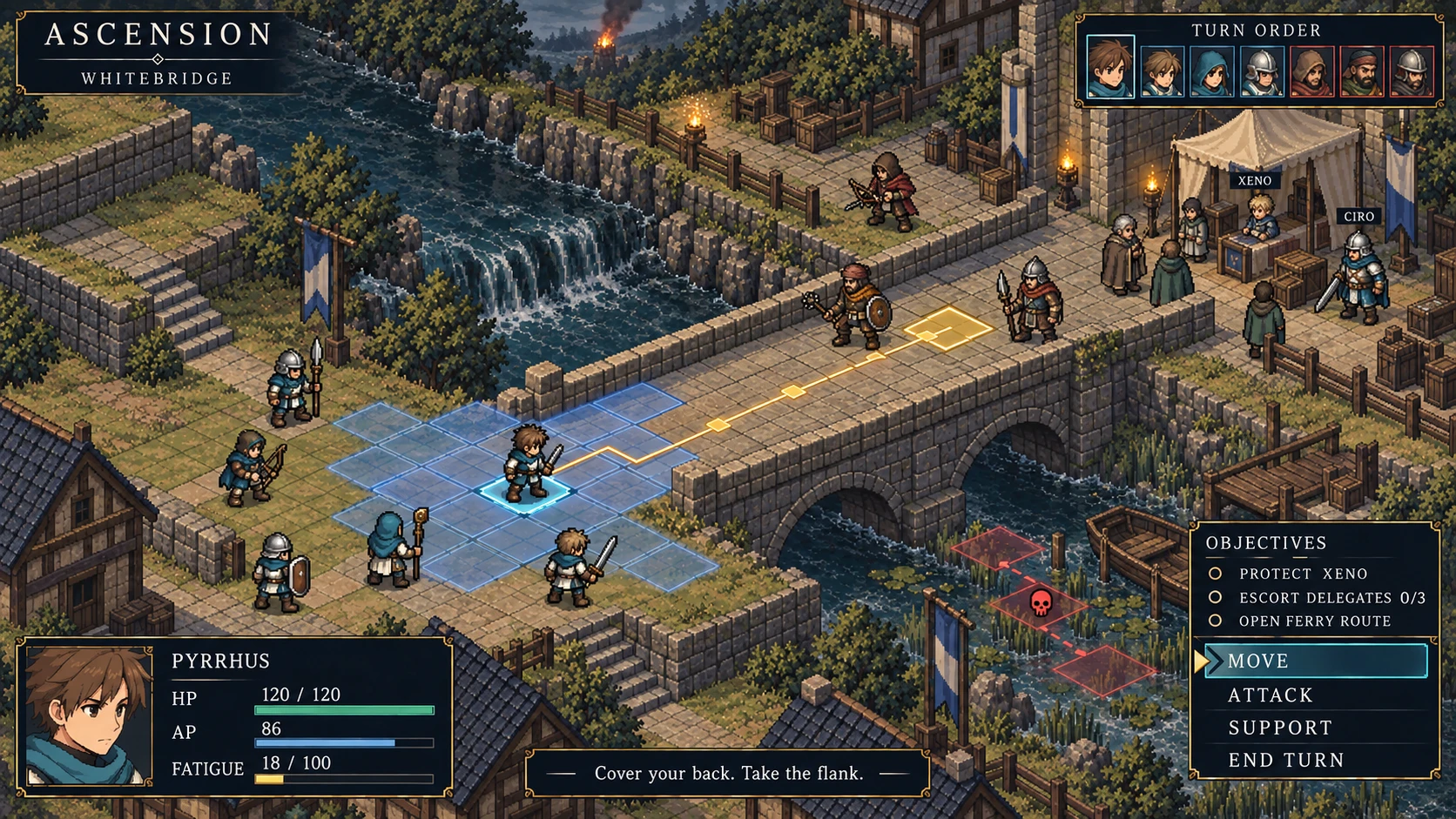 Isometric Whitebridge ambush map with teal Pyrrhus, allied crown officer Ciro, Xeno's protected pavilion, delegates, irregular mercenary attackers and mission objectives.
