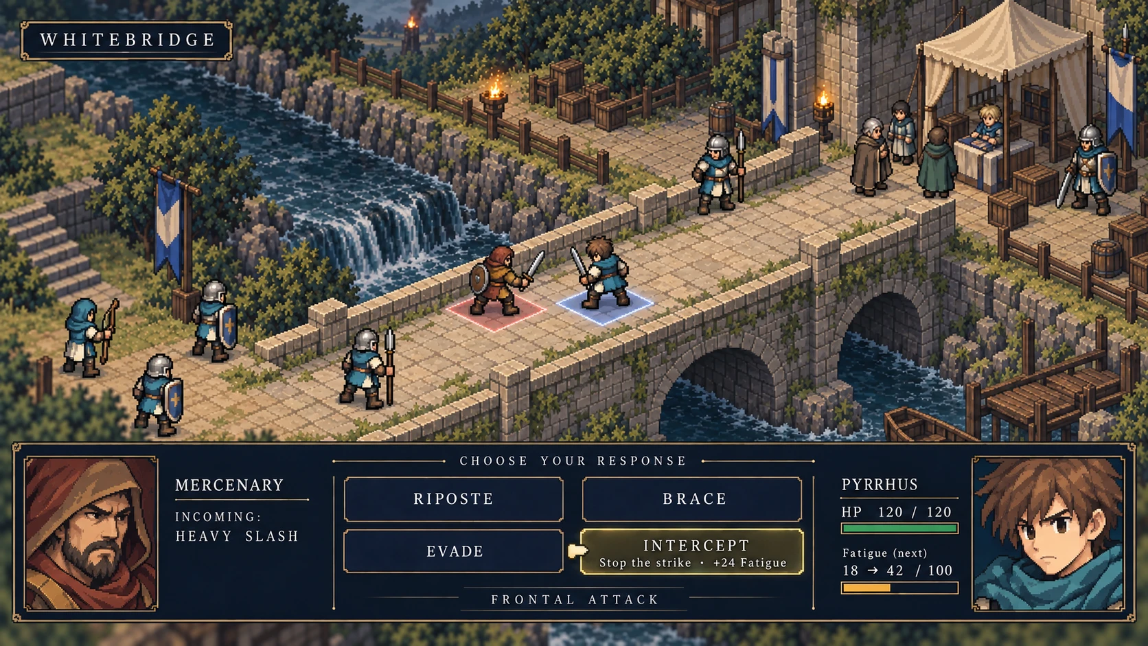Whitebridge defensive reaction screen: a mismatched mercenary attacks Pyrrhus and the player chooses a response with a projected fatigue change.